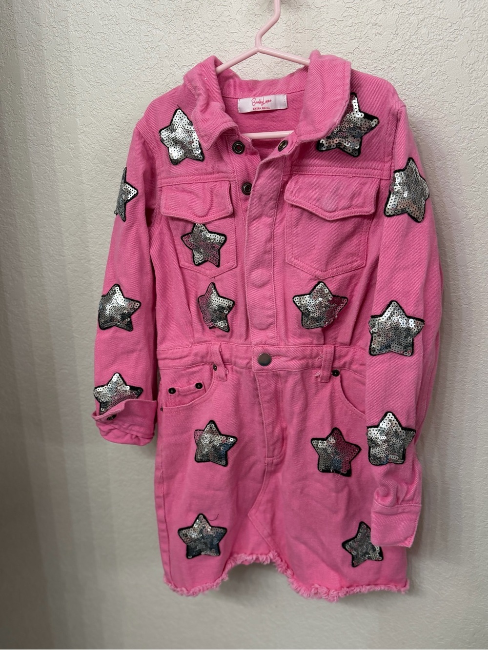 Buddy Love Pink Hooded Star Sequin Jean Jacket Dress